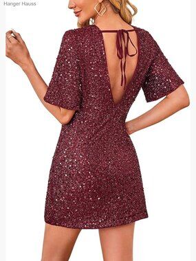Sequined Mini Club Party Dress Short Sleeve Crewneck Tie Backless Velvet